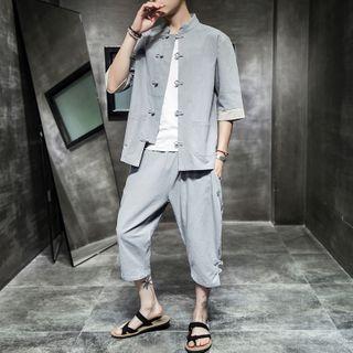 Set: Elbow-sleeve Frog Buttoned Shirt + Capri Pants