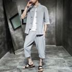 Set: Elbow-sleeve Frog Buttoned Shirt + Capri Pants