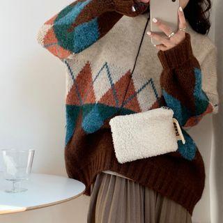 Crewneck Argyle Patterned Color Block Sweater