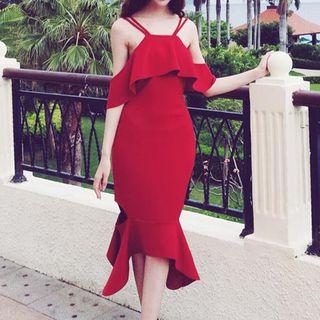 Ruffle Trim Mermaid Spaghetti Strap Dress