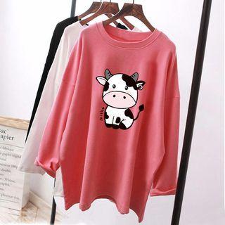 Long-sleeve Crew Neck Cartoon Cow Print T-shirt