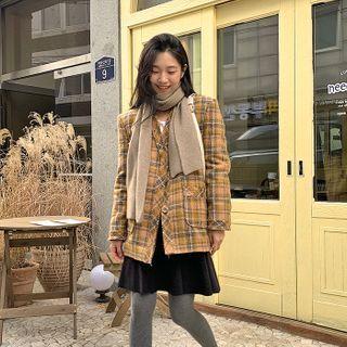 V-neck Cut-edge Plaid Jacket