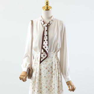 Long-sleeve Tie-neck Blouse / Leopard Print Midi Skirt