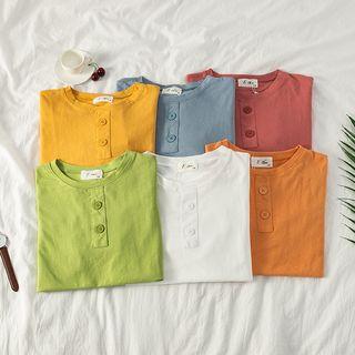 Round Neck Buttoned Long-sleeve Plain T-shirt