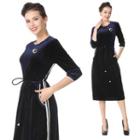 Velvet 3/4-sleeve A-line Midi Dress