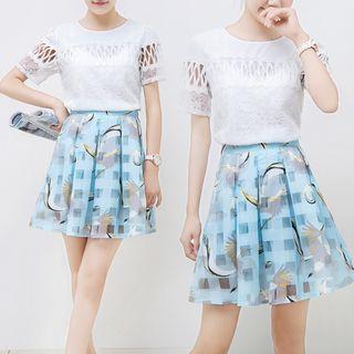 Set: Short-sleeve Top + Pleated A-line Skirt