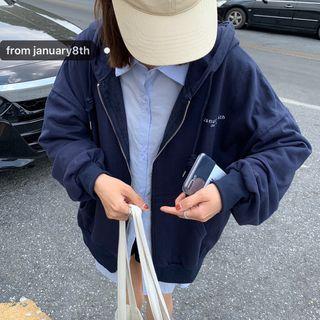 Letter Embroidered Zip-up Hoodie 3220 - Navy Blue - One Size