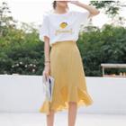 Set: Short-sleeve Fruit Embroidery T-shirt + Plaid Midi Skirt