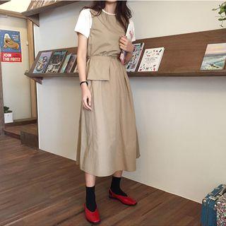 Short-sleeve T-shirt / Midi Pocketed Pinafore Dress