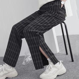 Wide-leg Slited-hem Plaid Pants