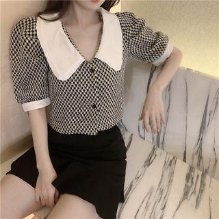 Puff-sleeve Plaid Cropped Blouse Plaid - Black & White - One Size