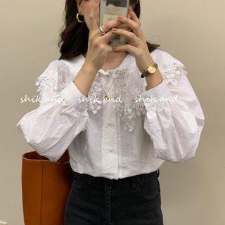 Long-sleeve Lace Trim Shirt Off-white - One Size