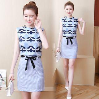 Set: Patterned Sleeveless Blouse + Tie-waist Striped Skirt