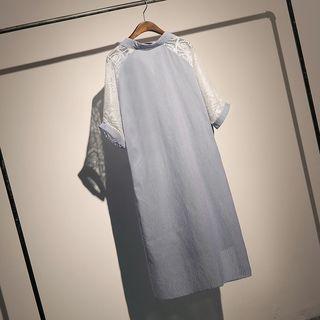 Elbow-sleeve Lace Panel Striped Midi Dress