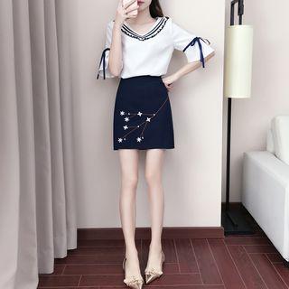 Set: Elbow-sleeve Top + Embroidered Mini Skirt