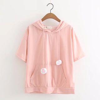 Short-sleeve Cat Embroidery Hoodie