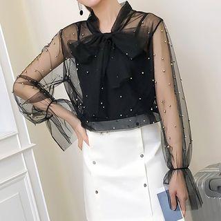 Faux Pearl Tie-neck Mesh Blouse