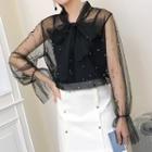 Faux Pearl Tie-neck Mesh Blouse