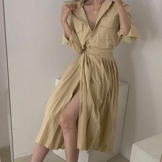 Plain Pleated Midi A-line Shirtdress