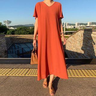 Short Sleeve Plain A-line Midi Dress