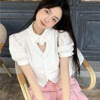 Puff-sleeve Heart Cut-out Shirt