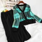 Set: Plaid Cardigan + Plain Knit Midi Pencil Skirt Cardigan - Green - One Size / Skirt - Black - One Size