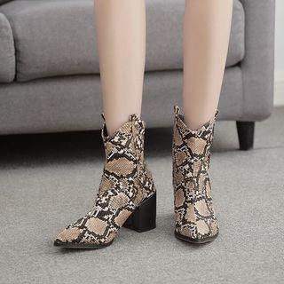 Block Heel Snake Print Short Boots