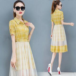 Plaid Short-sleeve Mesh Overlay Shirtdress
