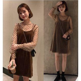 Set: Dotted Sheer Top + Strappy Dress