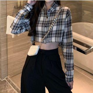 Plaid Cropped Shirt Plaid - Black & White - One Size