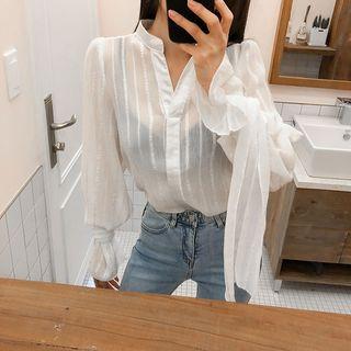 Mandarin-collar Tie-cuff Sheer Blouse