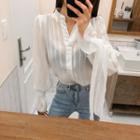 Mandarin-collar Tie-cuff Sheer Blouse