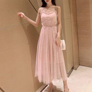 Mesh Sequined Spaghetti Strap Midi A-line Dress