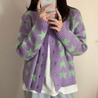 Star Print Cardigan Sweater - One Size