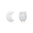 Sterling Silver Simple Creative Owl Moon Asymmetric Stud Earrings Silver - One Size