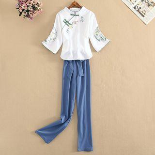 Long-sleeve Mandarin-collar Top / Sashed Straight Leg Pants / Set