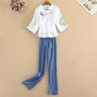 Long-sleeve Mandarin-collar Top / Sashed Straight Leg Pants / Set