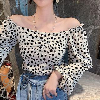 Long-sleeve Off-shoulder Dotted Chiffon Top