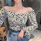 Long-sleeve Off-shoulder Dotted Chiffon Top