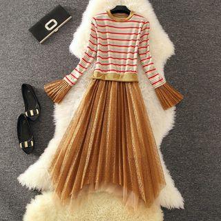 Striped Panel Long Sleeve Mesh Dress