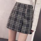 Buttoned Plaid Pencil Skirt