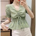 Short-sleeve V-neck Floral Drawstring Top