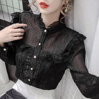 Long-sleeve Lace Trim Buttoned Blouse
