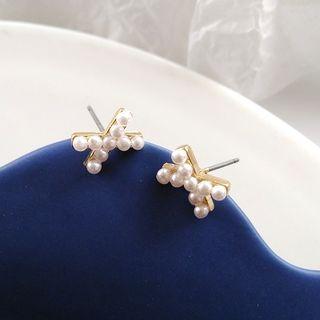 Faux Pearl Cross Earring