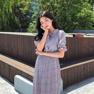 Puff-sleeve Beribboned Midi Floral Dress