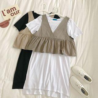 Set:plain V-neck Sleeveless Top + Plain Crewneck Short-sleeve Dress