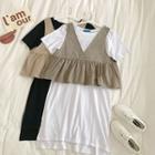 Set:plain V-neck Sleeveless Top + Plain Crewneck Short-sleeve Dress