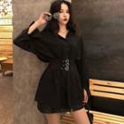Long-sleeve Belt-waist Mini Dress Black - One Size