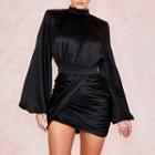 Puff-sleeve Mock-neck Satin Mini Dress
