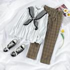 Striped Panel Long-sleeve Shirt / Plaid Straight-cut Pants